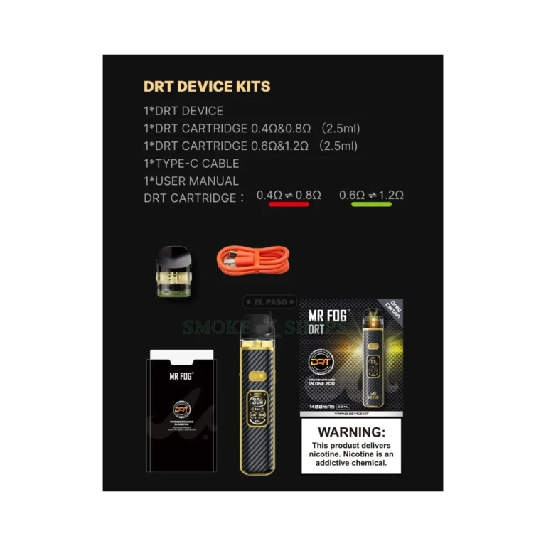 Mr Fog DRT pod system bottom USB-C charging port in El Paso, 5V/2A fast charge, pickup today