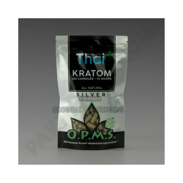 OPMS Silver Green Vein Thai kratom powder foil pouch in stock at an El Paso Smoke Shop, lab-tested single-strain leaf