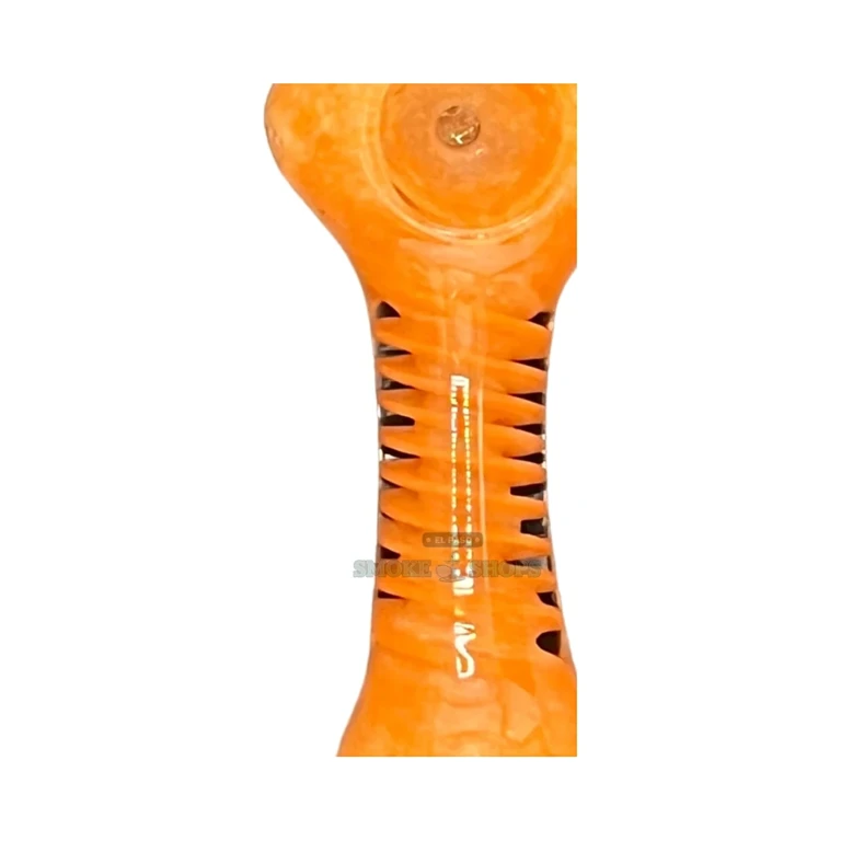 Orange red borosilicate hand pipe mouthpiece in El Paso, rounded draw with a left-side carb, glass pipe