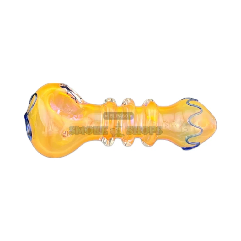 Pink Purp glass spoon pipe side view in El Paso, long heavy floral body, hand pipe near me