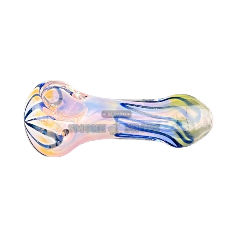 Pink with Blue Stripes glass pipe side view in El Paso, striped pink body, hand pipe near me