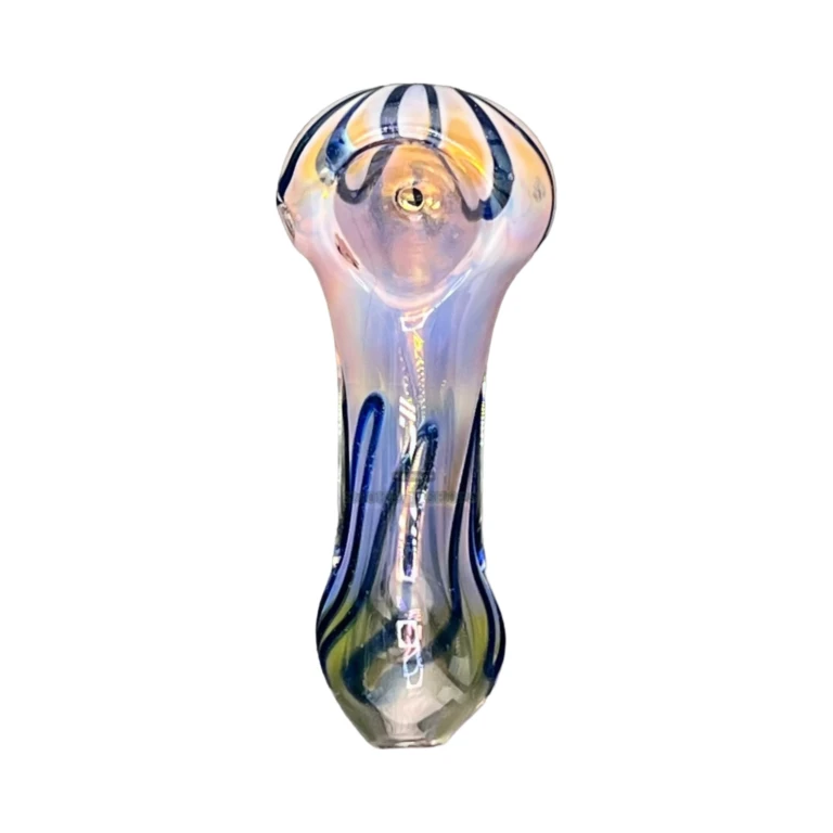Pink Blue Stripe borosilicate hand pipe mouthpiece in El Paso, rounded lip and right-side carb, glass pipe