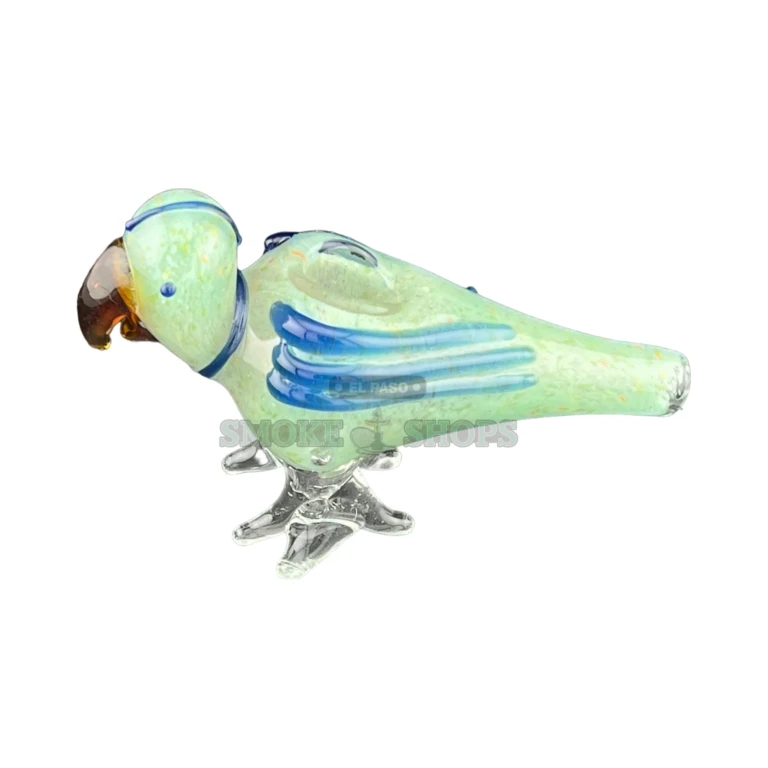 Polly the Parrot glass pipe side view in El Paso, large parrot body with blue highlights, hand pipe near me