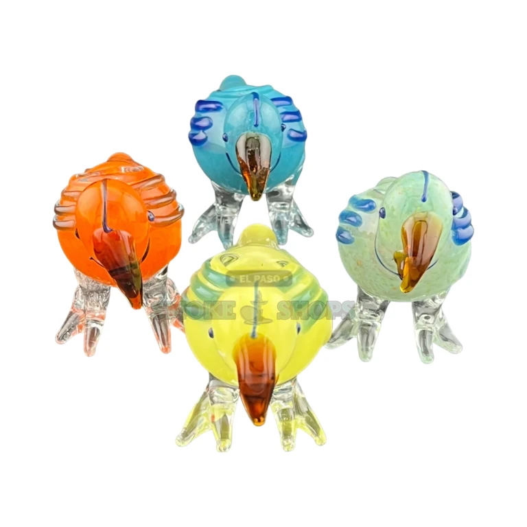 Polly the Parrot glass pipe beak detail in El Paso, amber and blue glasswork, hand pipe el paso smoke shop