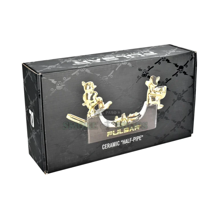Pulsar Half Pipe novelty ceramic pipe in El Paso, glazed black and gold skate-ramp hand pipe, same-day pickup
