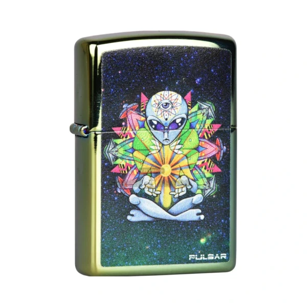 Pulsar Psychedelic Desert Alien Zippo windproof lighter, brass Classic case with full wraparound psychedelic alien artwork, closed