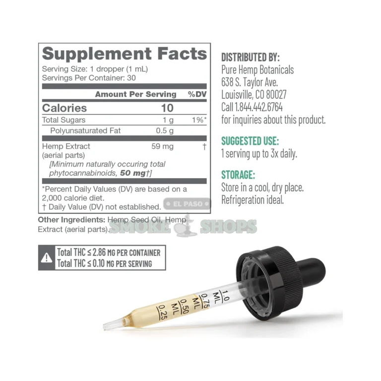 Pure Balance broad spectrum CBD tincture label in El Paso showing hemp seed oil and CBG CBN CBC cannabinoids