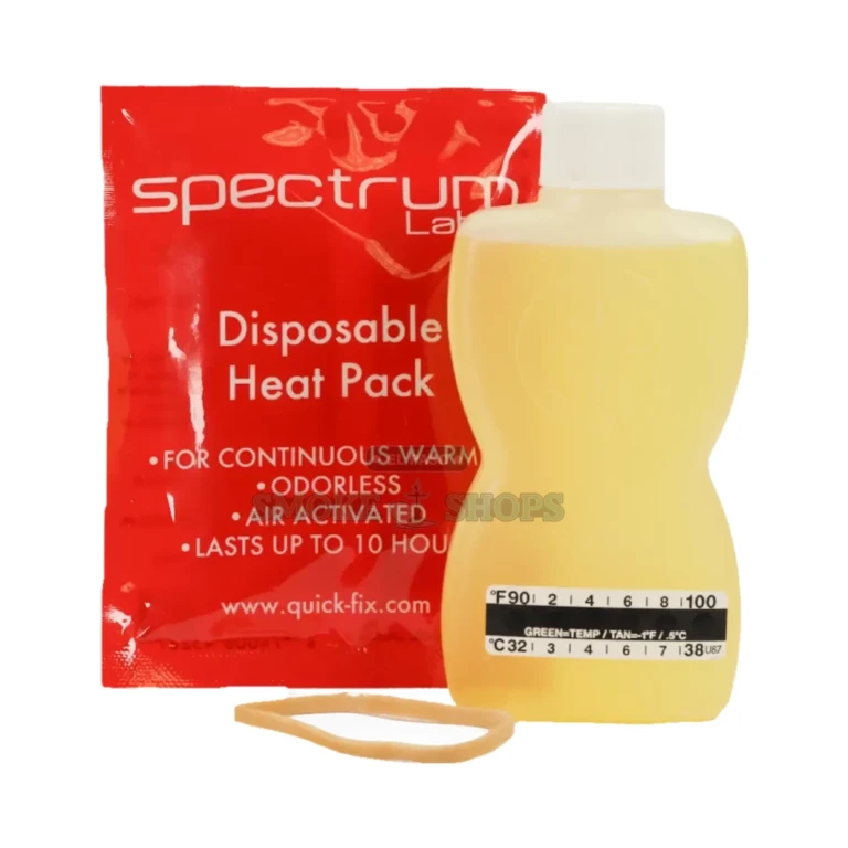 Quick Fix synthetic urine kit contents laid out in El Paso, bottle strip and heat pad, in stock at 10 stores