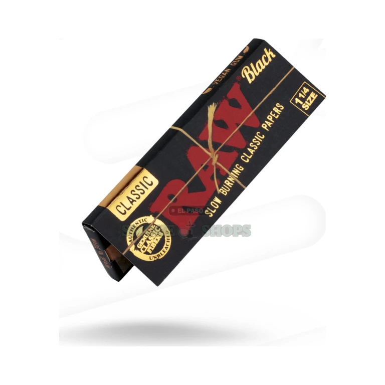 RAW Black 1 1/4 papers booklet open in El Paso, extra-fine unbleached leaves and natural acacia gum line, in stock