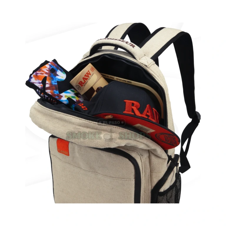 RAW Burlap Backpack open view in El Paso showing compartments and pockets, smell-proof RP X RAW bag, pick up today