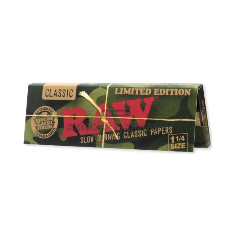 RAW Camo 1 1/4 rolling papers booklet open showing thin natural sheets in El Paso, hemp and flax, same-day pickup