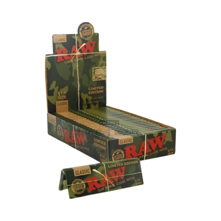 RAW Camo 1 1/4 rolling papers limited-edition camo pack detail in El Paso, unbleached 78mm sheets, same-day pickup