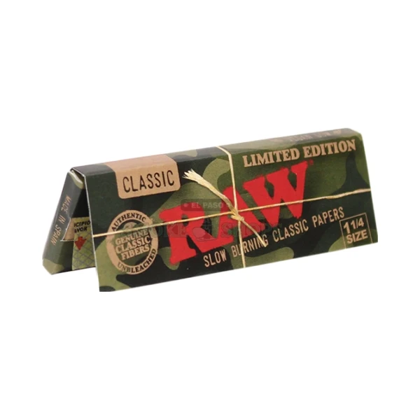 RAW Camo 1 1/4 unbleached hemp rolling papers pack front in El Paso, 50 leaves, CrissCross watermark, same-day pickup