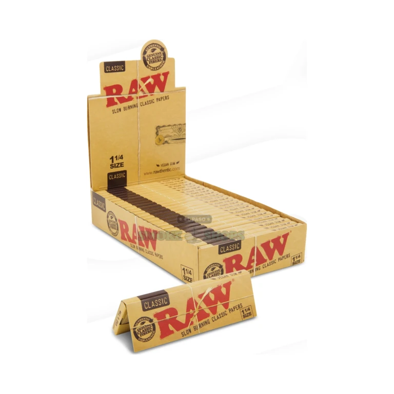 RAW Classic 1 1/4 papers booklet open in El Paso, thin translucent leaves with even-burn watermark, 50 count