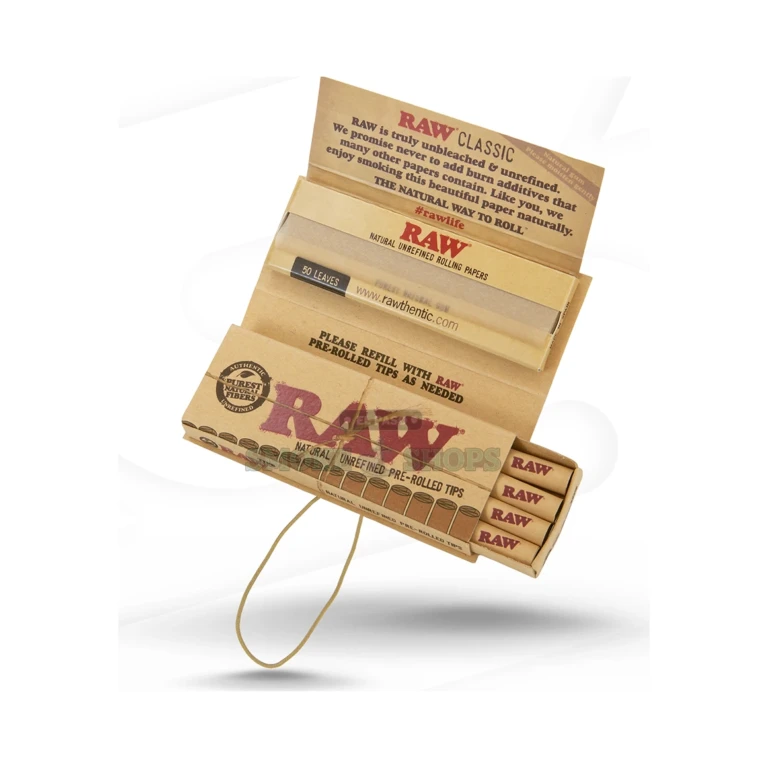 RAW Classic 1 1/4 papers front label in El Paso, natural unbleached leaves with criss-cross watermark