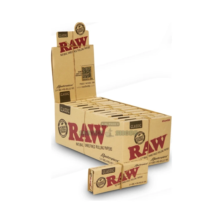 RAW Classic 1 1/4 rolling papers back of pack in El Paso, unbleached hemp blend, 50 leaves per pack