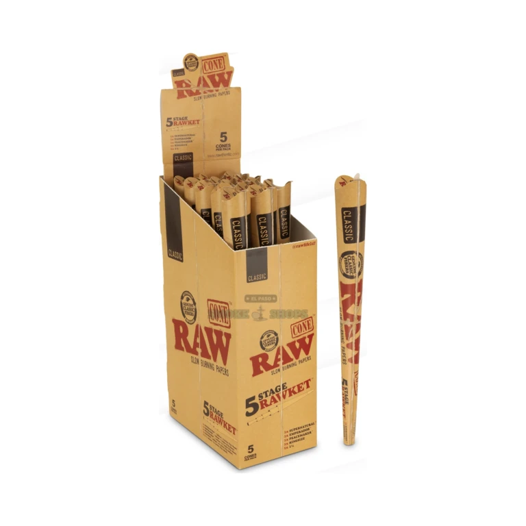 RAW Classic 5 Stage Rawket pre-rolled cones pack in El Paso, five sizes from 1 1/4 to Supernatural