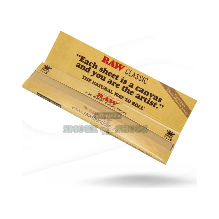 Back of RAW Classic Kingsize Slim rolling papers pack in El Paso, unbleached hemp leaves, 110 mm king size slim