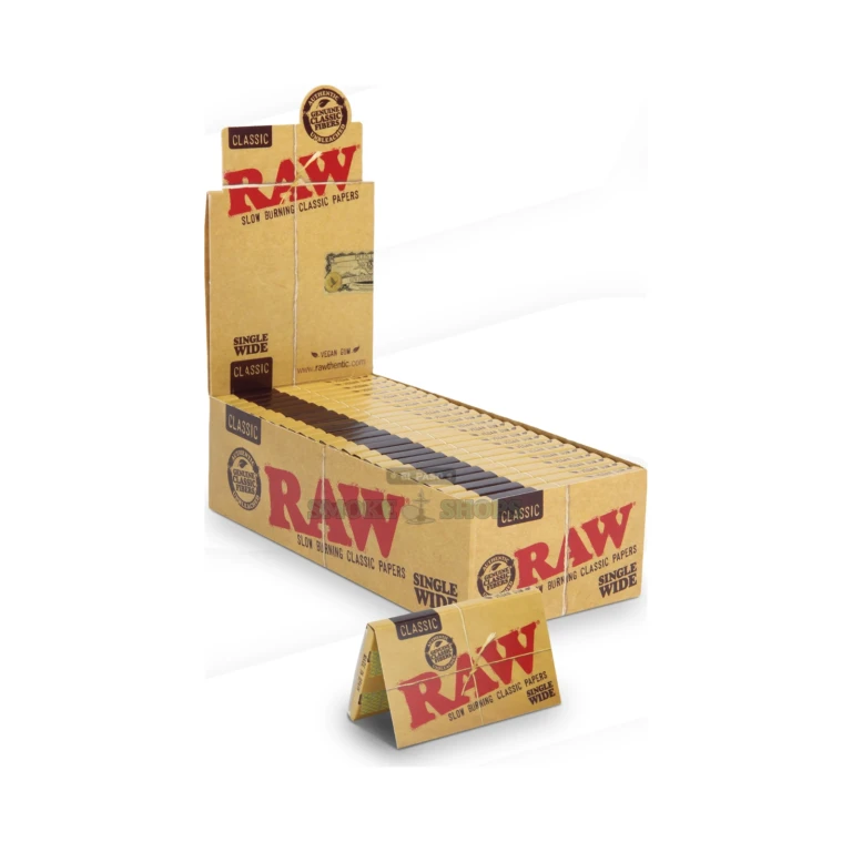 RAW Classic Single Wide rolling papers back label in El Paso, vegan chlorine-free unbleached fibers, made in Spain