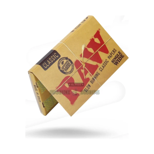 RAW Classic Single Wide rolling papers pack in El Paso, unbleached natural fibers, criss-cross watermark, 50 leaves