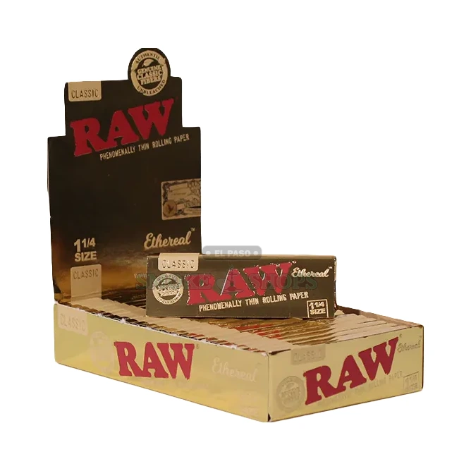 RAW Ethereal 1 1/4 rolling papers in El Paso showing natural brown unbleached leaf and criss-cross watermark, 50 per pack