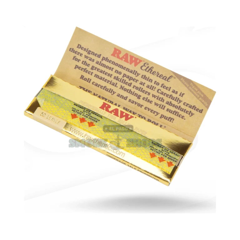 Open RAW Ethereal 1 1/4 rolling papers in El Paso, ultra-thin leaves fanned out, 50 leaves per pack, in stock at 10 stores