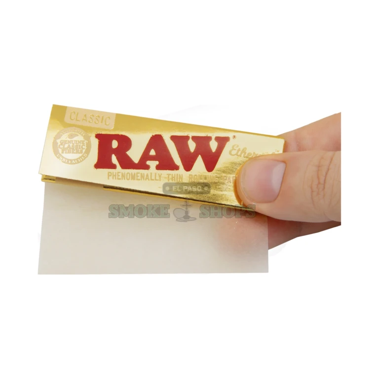 RAW Ethereal 1 1/4 rolling papers detail in El Paso, thinnest RAW paper with criss-cross watermark, unbleached, pick up today