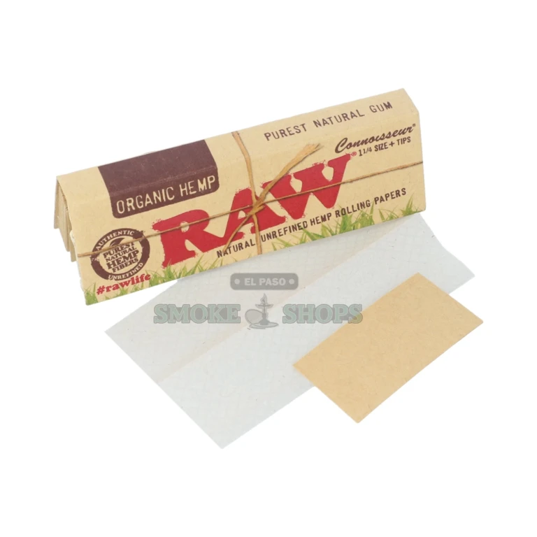Unbleached RAW Organic Connoisseur 1 1/4 hemp papers and paper tips in El Paso, natural light-brown color