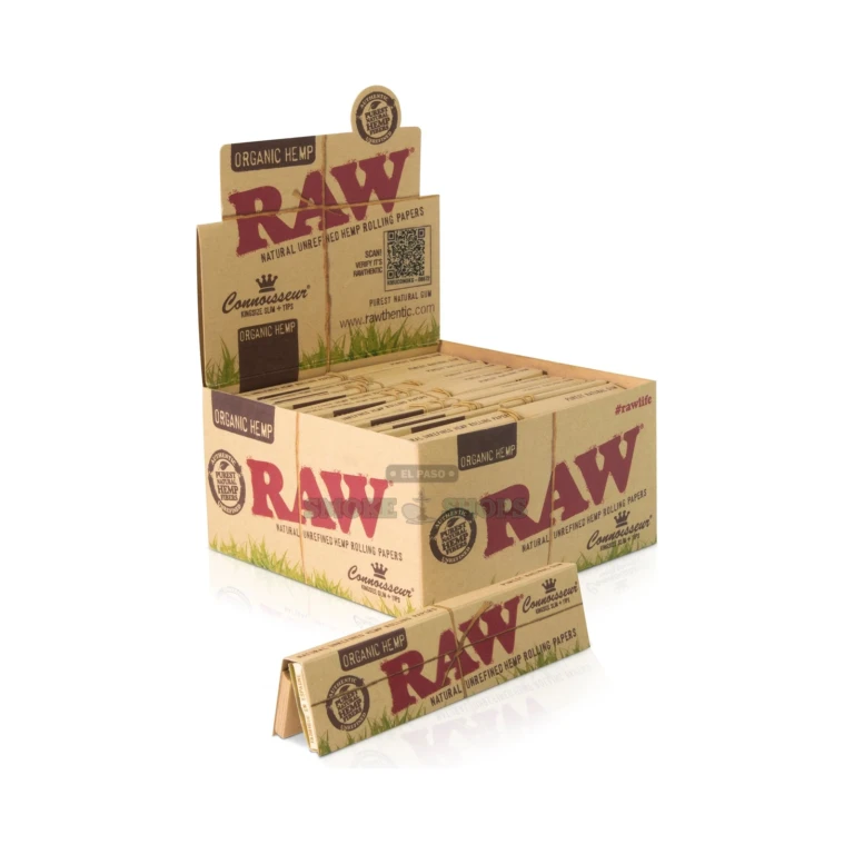 RAW Organic Connoisseur king size slim hemp papers and tips in El Paso, natural light brown leaves, pick up today