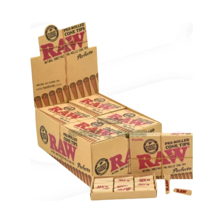 RAW Perfecto cone tips pack back label in El Paso, vegan chlorine-free hemp tips, 21 per pack, pick up today