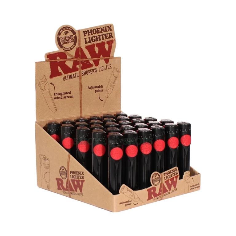 RAW Phoenix Lighter black packaging with RAW branding, refillable windproof butane lighter in El Paso, in stock today