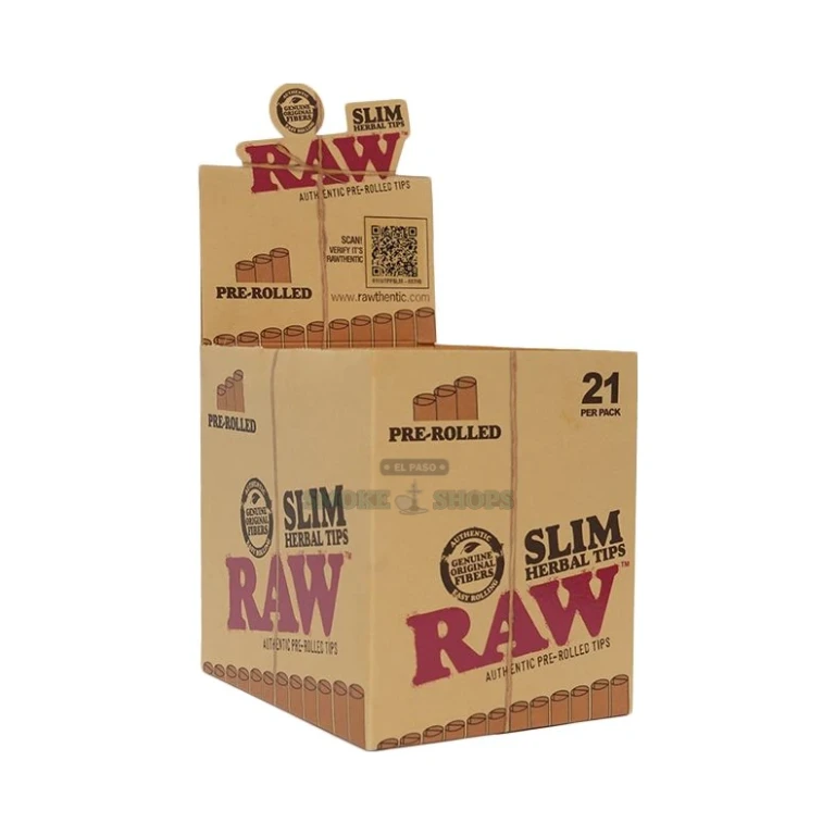 RAW Pre-Rolled Slim Herbal Tips in El Paso showing the natural unbleached light-brown slim filter tips, pick up today