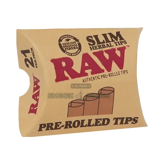 RAW Pre-Rolled Slim Herbal Tips pack front view in El Paso, 21 unbleached ready-to-use filter tips, same-day pickup