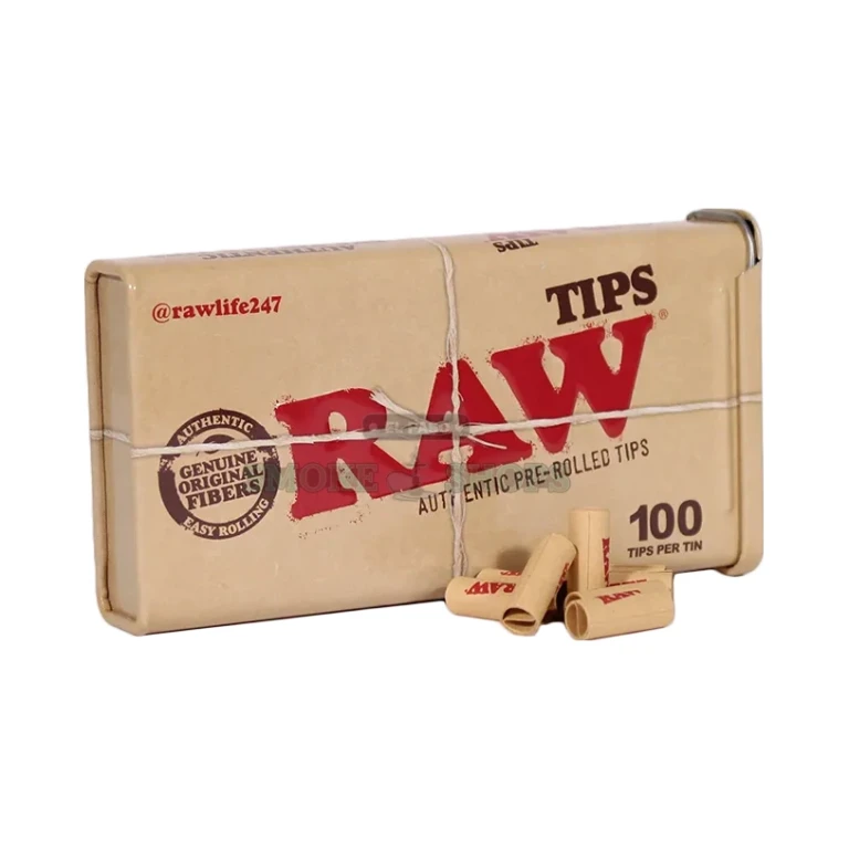 RAW Pre-Rolled Tips tin open in El Paso showing 100 pre-rolled crutch tips, vegan and chlorine-free