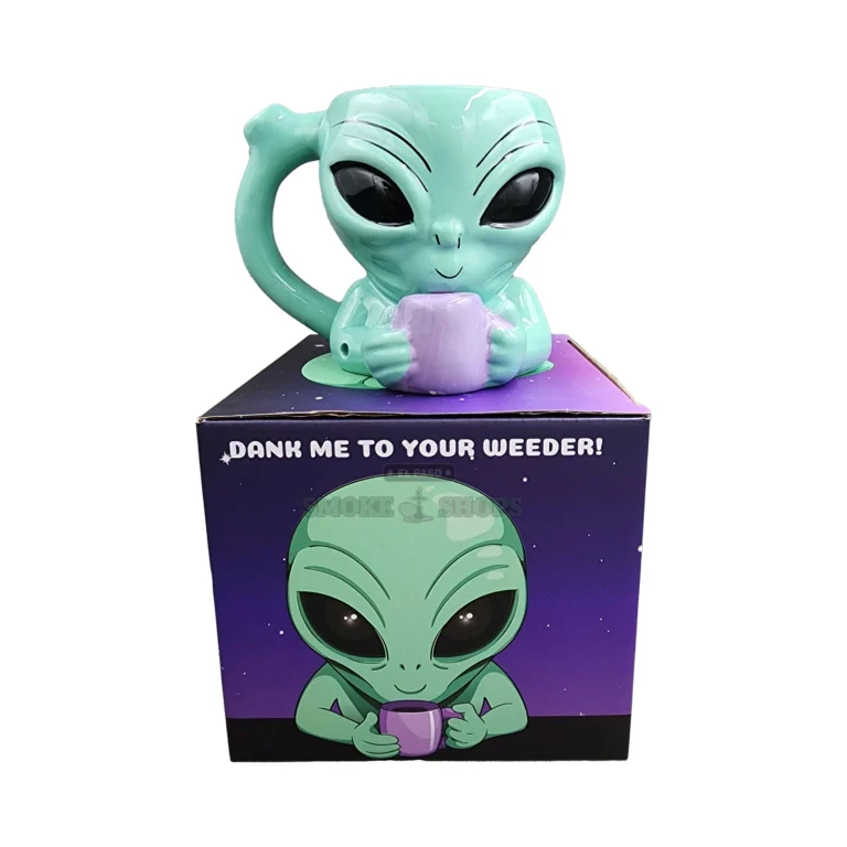 Alien Mug ceramic pipe handle mouthpiece in El Paso, smoke draws up the handle, teal alien novelty mug pipe in stock