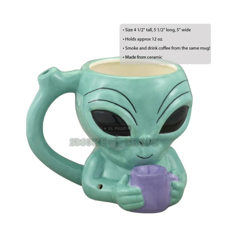 Alien Mug ceramic pipe in its color gift box in El Paso, teal alien novelty mug pipe gift by Roast & Toast, pick up today