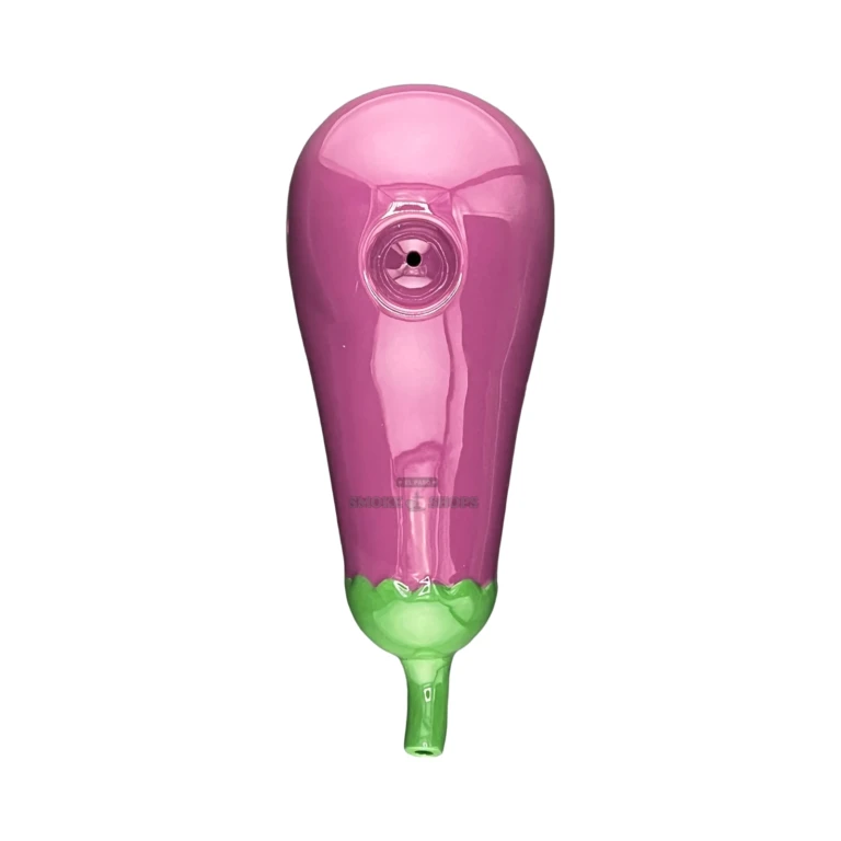 Roast & Toast eggplant ceramic pipe bowl close-up in El Paso, glazed ceramic novelty hand pipe, reserve for same-day pickup