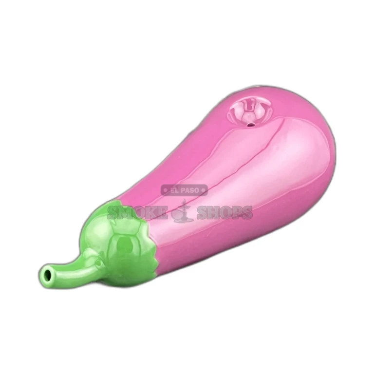 Ceramic Eggplant Pipe in El Paso held in hand for scale, 3.5 in tall purple glazed novelty pipe, in stock at 10 stores