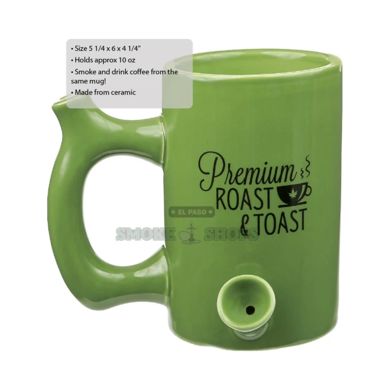 Green Mug ceramic pipe by Roast & Toast in El Paso, handle mouthpiece and side carb hole, 21+ gift, pick up today