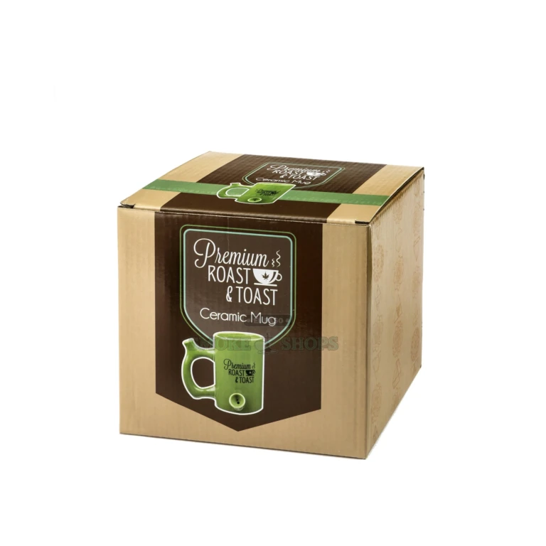 Green Mug ceramic mug pipe in El Paso in its full-color gift box, glazed green with black lettering, same-day pickup