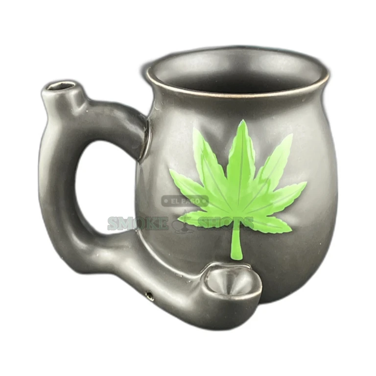 El Paso Roast & Toast matte black ceramic mug pipe with green leaf, 11oz cup interior, novelty coffee pipe view
