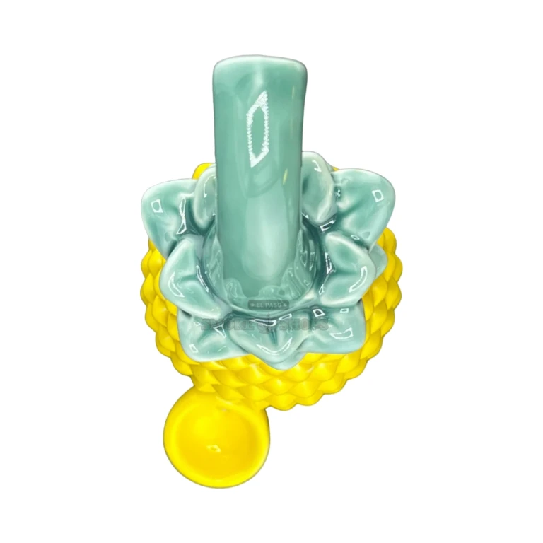 Top mouthpiece view of the Roast & Toast Pineapple ceramic pipe in El Paso, glazed yellow novelty pipe, pick up today