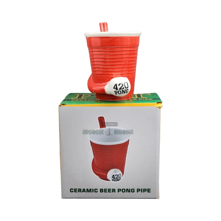 Red Beer Pong Cup mug pipe handle mouthpiece detail in El Paso, novelty ceramic pipe for legal dry herb