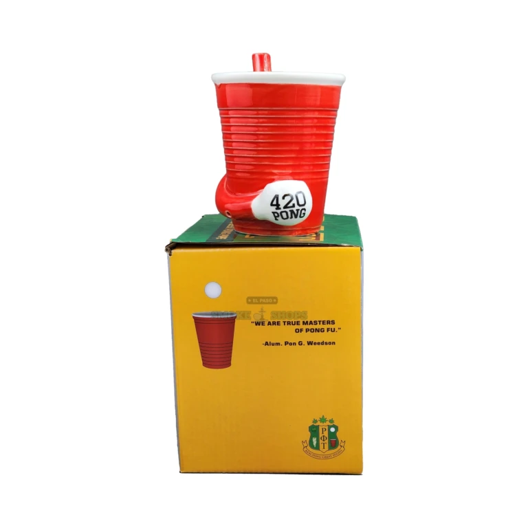 Top view of the Red Beer Pong Cup mug pipe in El Paso, white interior 12oz cup with molded smoking bowl
