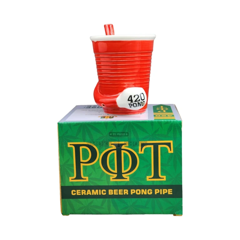 Angled view of the Red Beer Pong Cup mug pipe in El Paso, red cup-shaped ceramic pipe at El Paso Smoke Shops