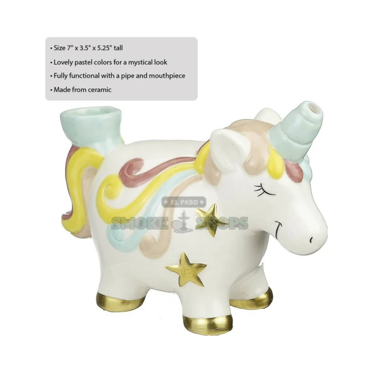 Unicorn ceramic novelty pipe in El Paso, pastel pink blue and yellow glaze, gold star detail, side profile, same-day pickup