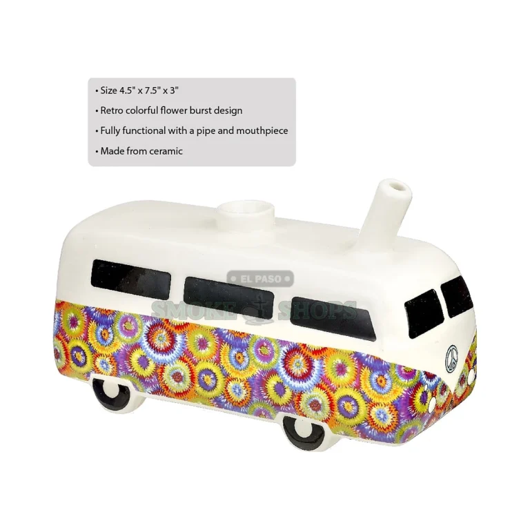 Side view of Vintage Bus ceramic pipe in El Paso showing side carb hole, retro bus novelty hand pipe