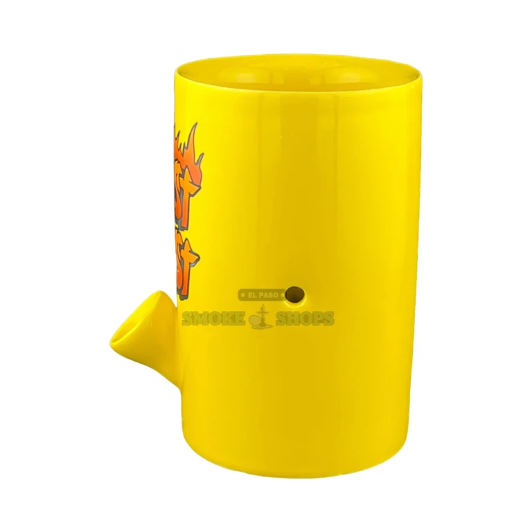 Yellow Roast & Toast mug pipe in El Paso showing the molded bowl in the base for dry herb, ceramic novelty