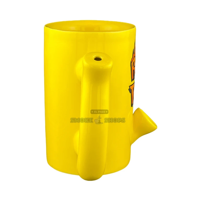 Roast & Toast mug pipe in El Paso, hollow handle mouthpiece and side carb hole, glazed yellow ceramic, 4 in tall