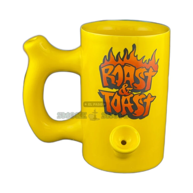 Roast & Toast yellow ceramic mug pipe in El Paso, graffiti-style font, novelty 21+ gift, in stock at 10 stores